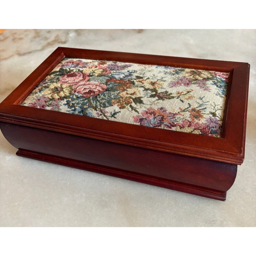 Vintage Wood Jewelry Box Tapestry Top Full Mirror Wooden Box Velvet interior